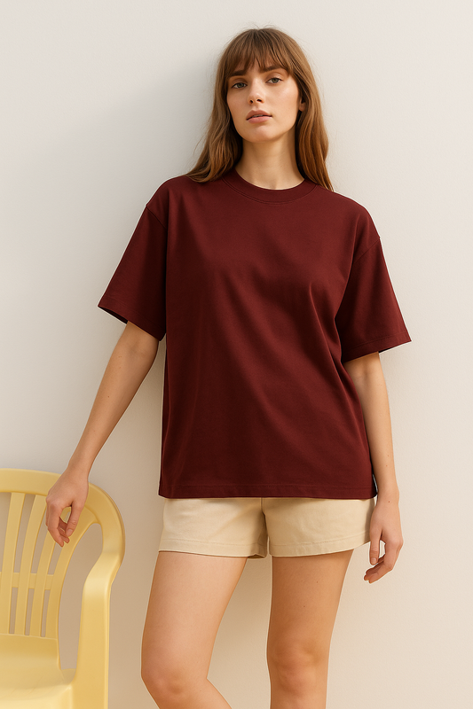 Basic Oversized T-shirt for Women: Maroon Maroon Cotton 240 GSM