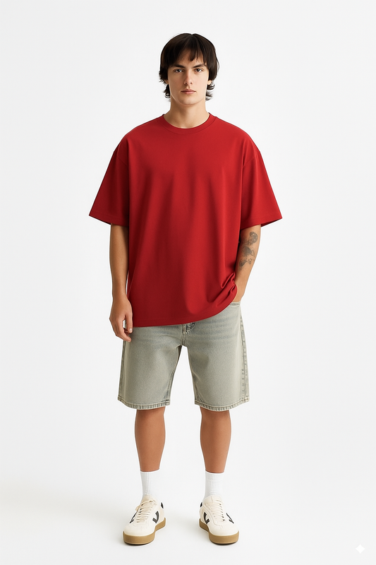 Basic Oversized T-shirt for Men: Red Red Cotton 240 GSM