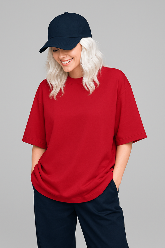 Basic Oversized T-shirt for Women: Red Red Cotton 240 GSM