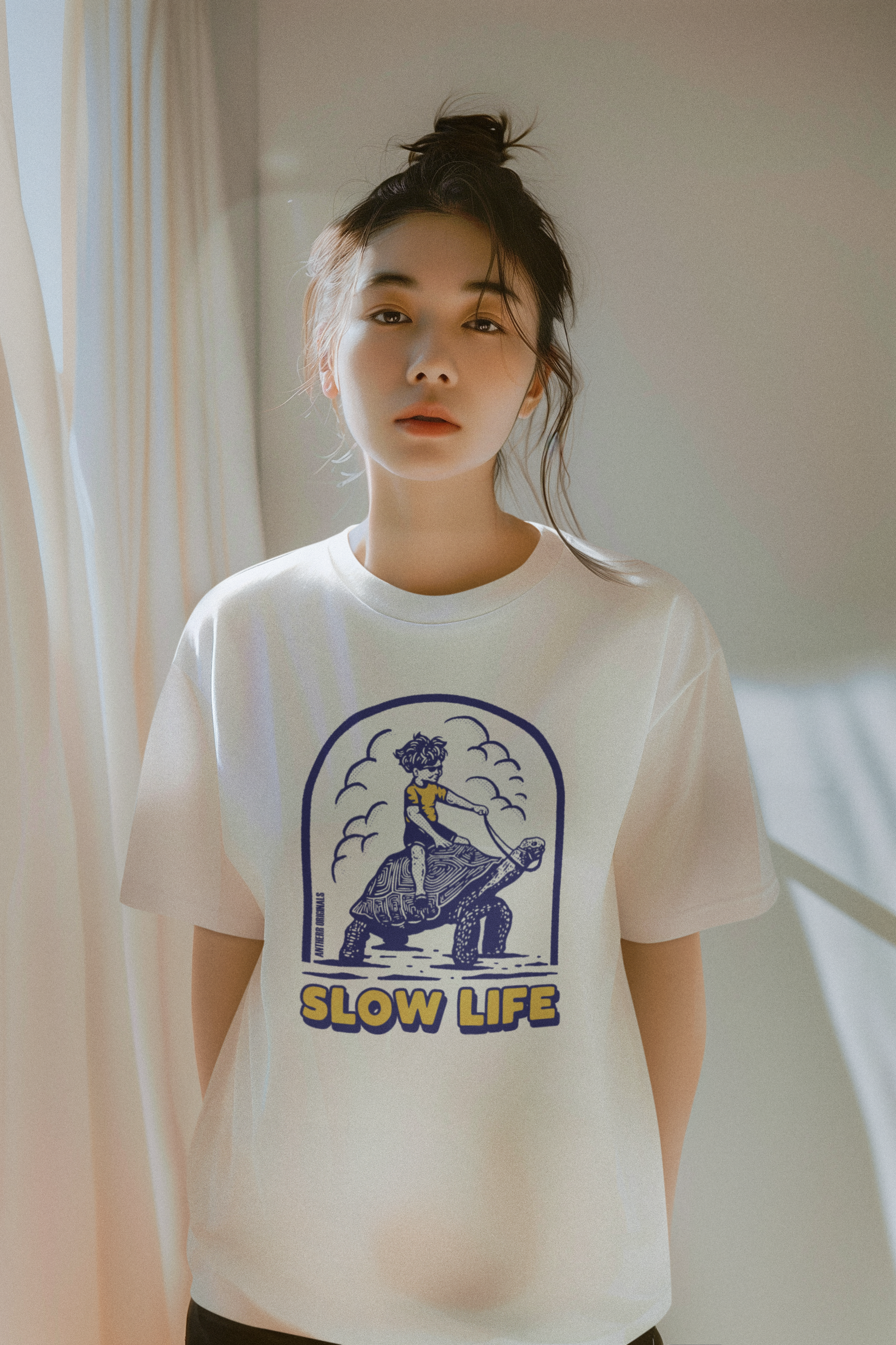 Slow Life Oversized T-Shirts: Off White OFF WHITE Cotton 240 GSM