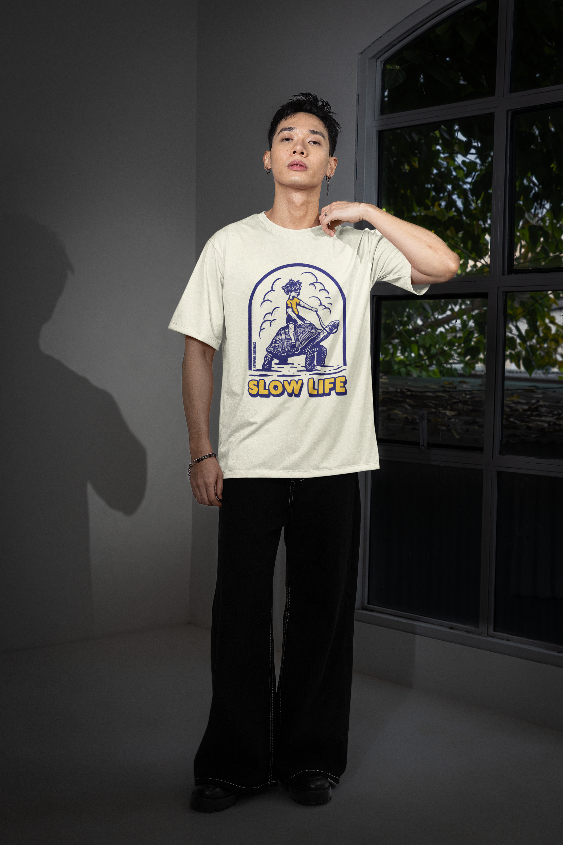 Slow Life Oversized T-Shirts: Off White OFF WHITE Cotton 240 GSM