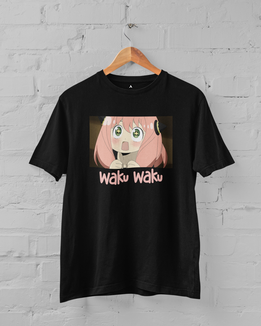 Waku Waku, Anya: SpyxFamily- Anime Oversized T-shirts BLACK Cotton 240 gsm
