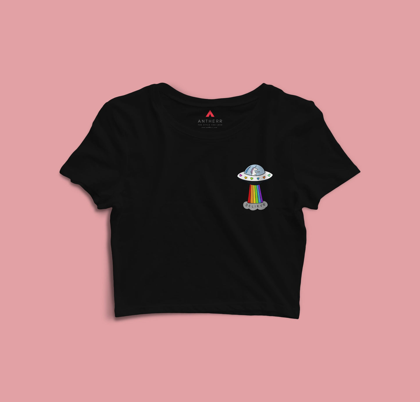 " BELIEVE " -HALF-SLEEVE CROP TOPS BLACK