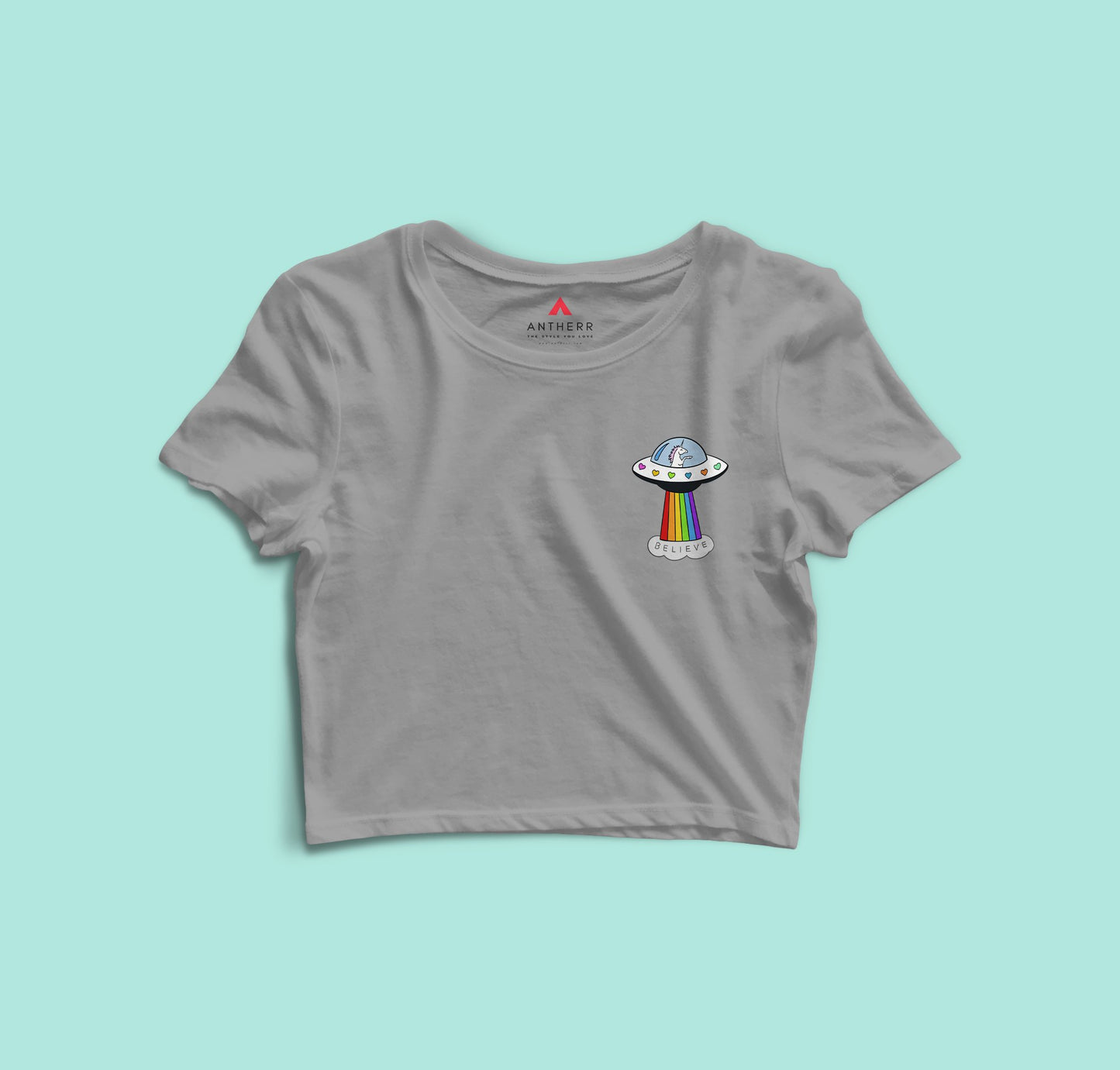 " BELIEVE " -HALF-SLEEVE CROP TOPS GREY