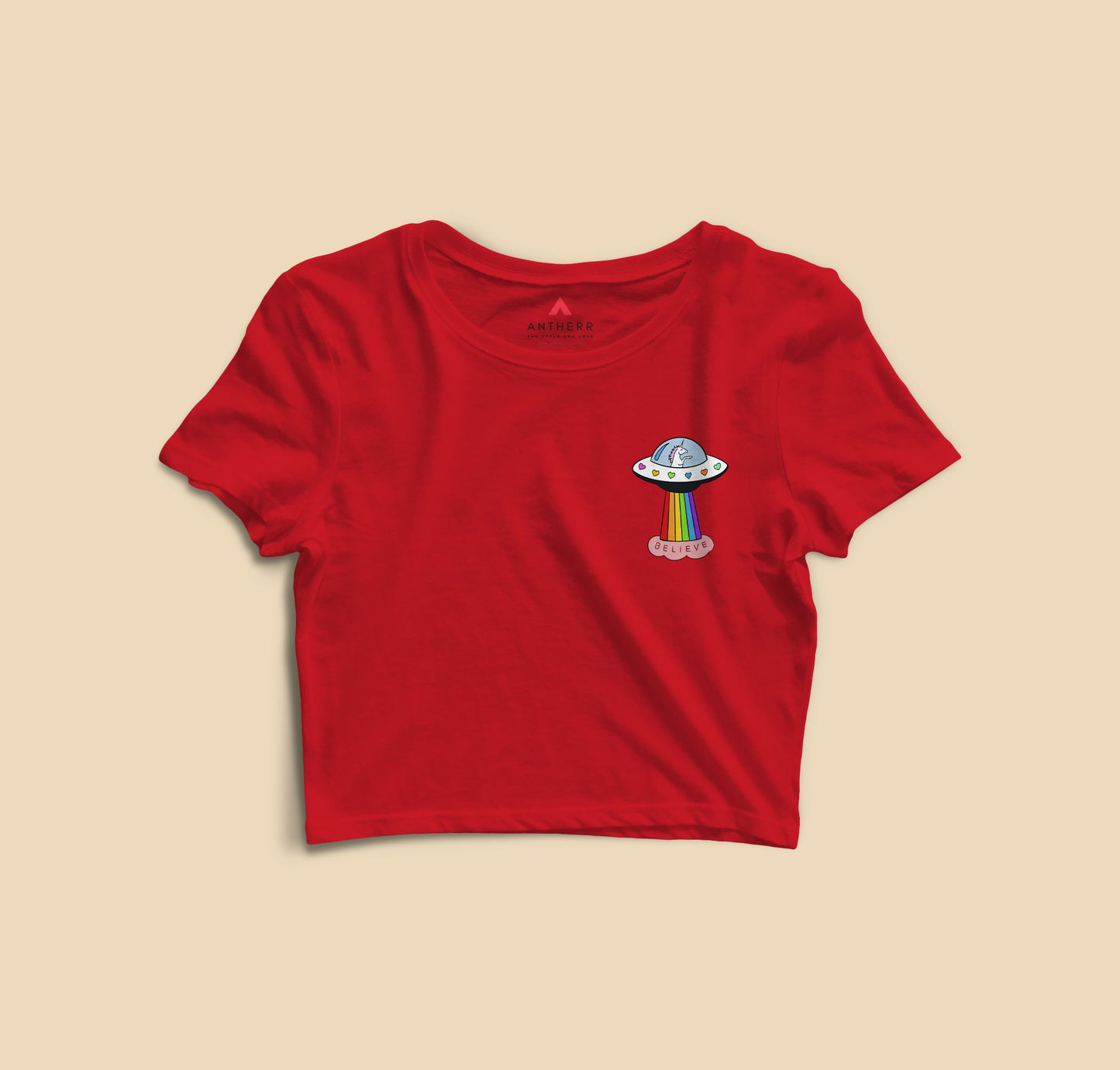 " BELIEVE " -HALF-SLEEVE CROP TOPS RED