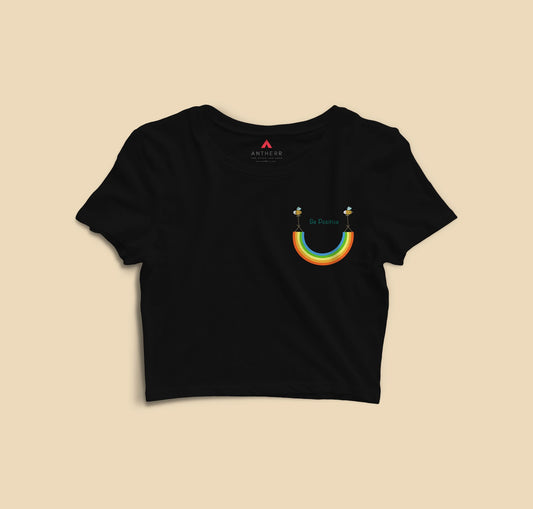 " BE POSITIVE" -POCKET DESIGN HALF-SLEEVE CROP TOPS BLACK