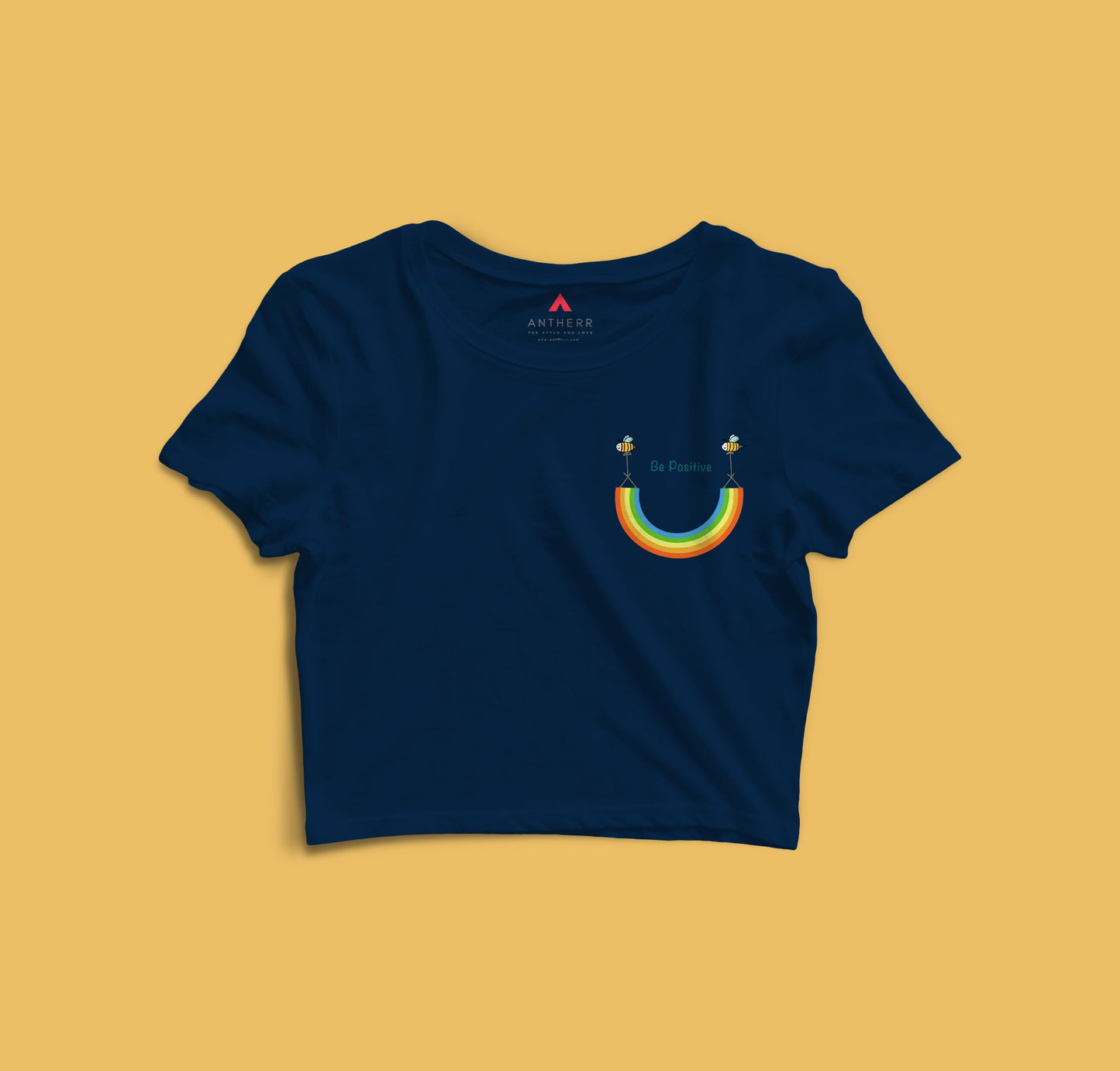 " BE POSITIVE" -POCKET DESIGN HALF-SLEEVE CROP TOPS NAVY BLUE