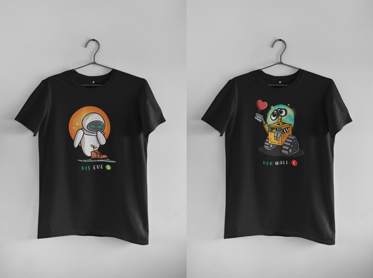His Eve & Her Wall E: Disney- Half Sleeve Couple T shirts BOTH BLACK