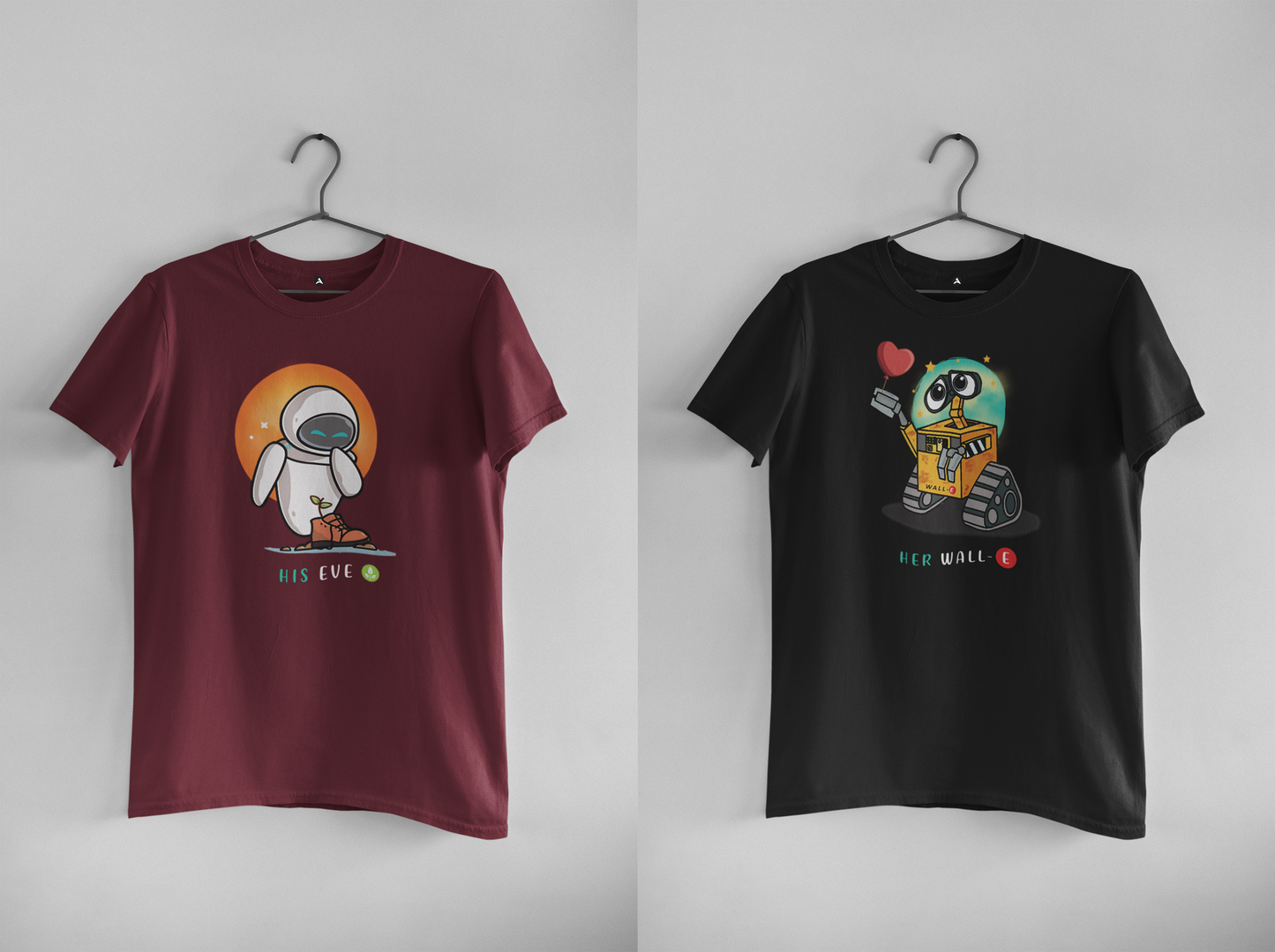 His Eve & Her Wall E: Disney- Half Sleeve Couple T shirts MAROON (HER) & BLACK (HIM)