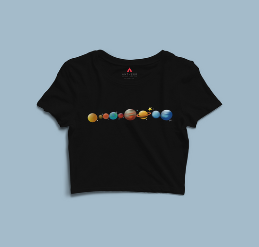 "PLANETS" - HALF-SLEEVE CROP TOP BLACK