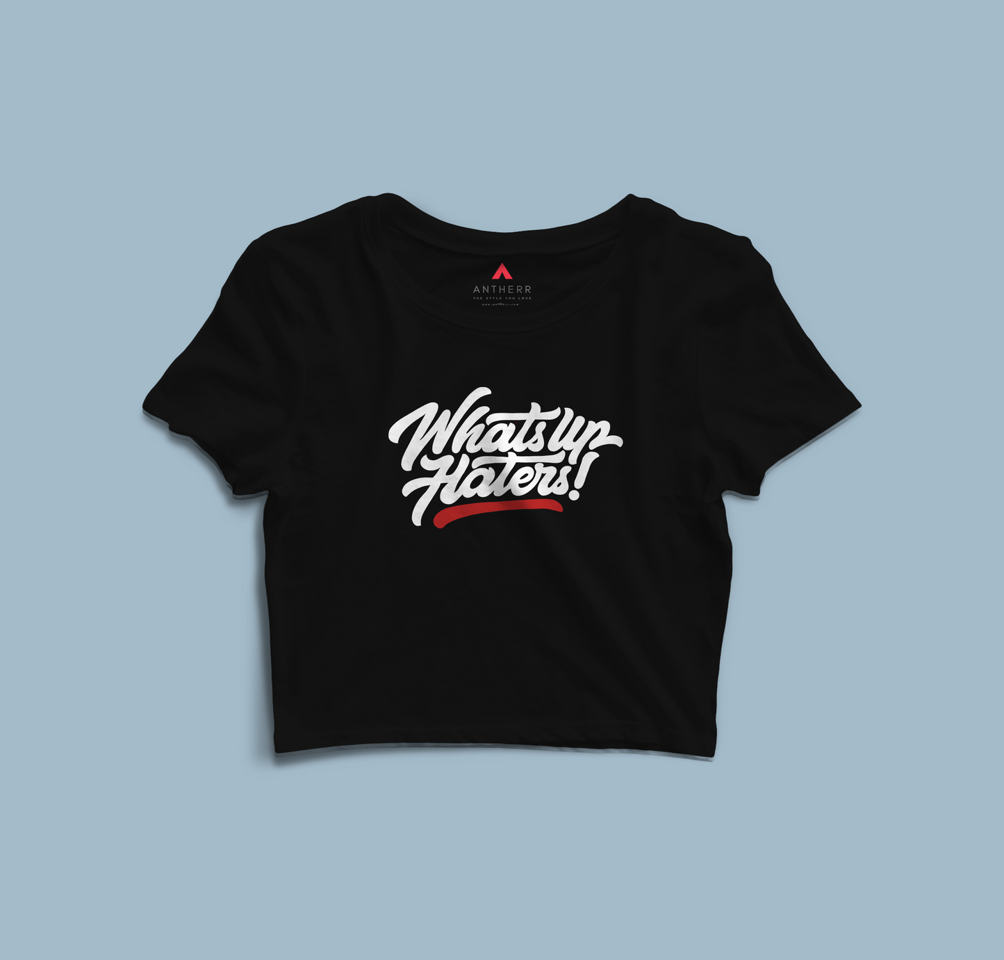 "WHATSUP HATERS!" - HALF-SLEEVE CROP TOPS BLACK