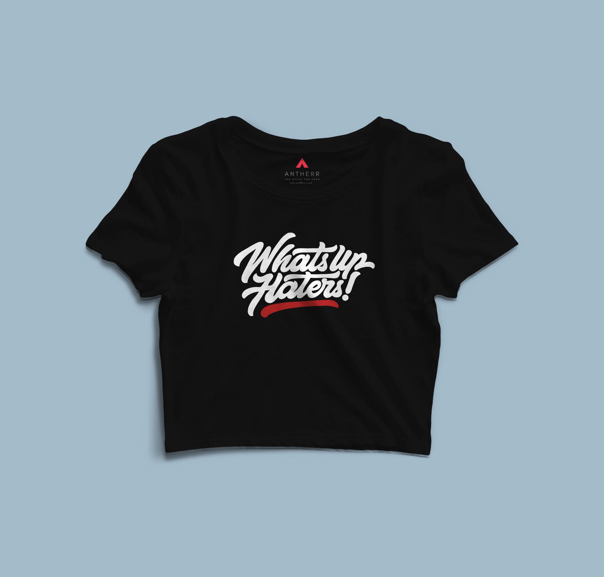 "WHATSUP HATERS!" - HALF-SLEEVE CROP TOPS BLACK