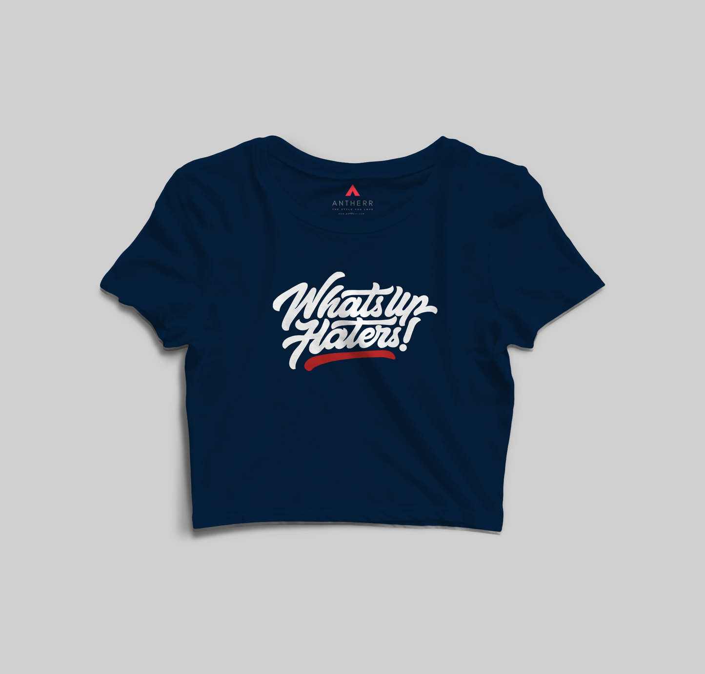 "WHATSUP HATERS!" - HALF-SLEEVE CROP TOPS NAVY BLUE