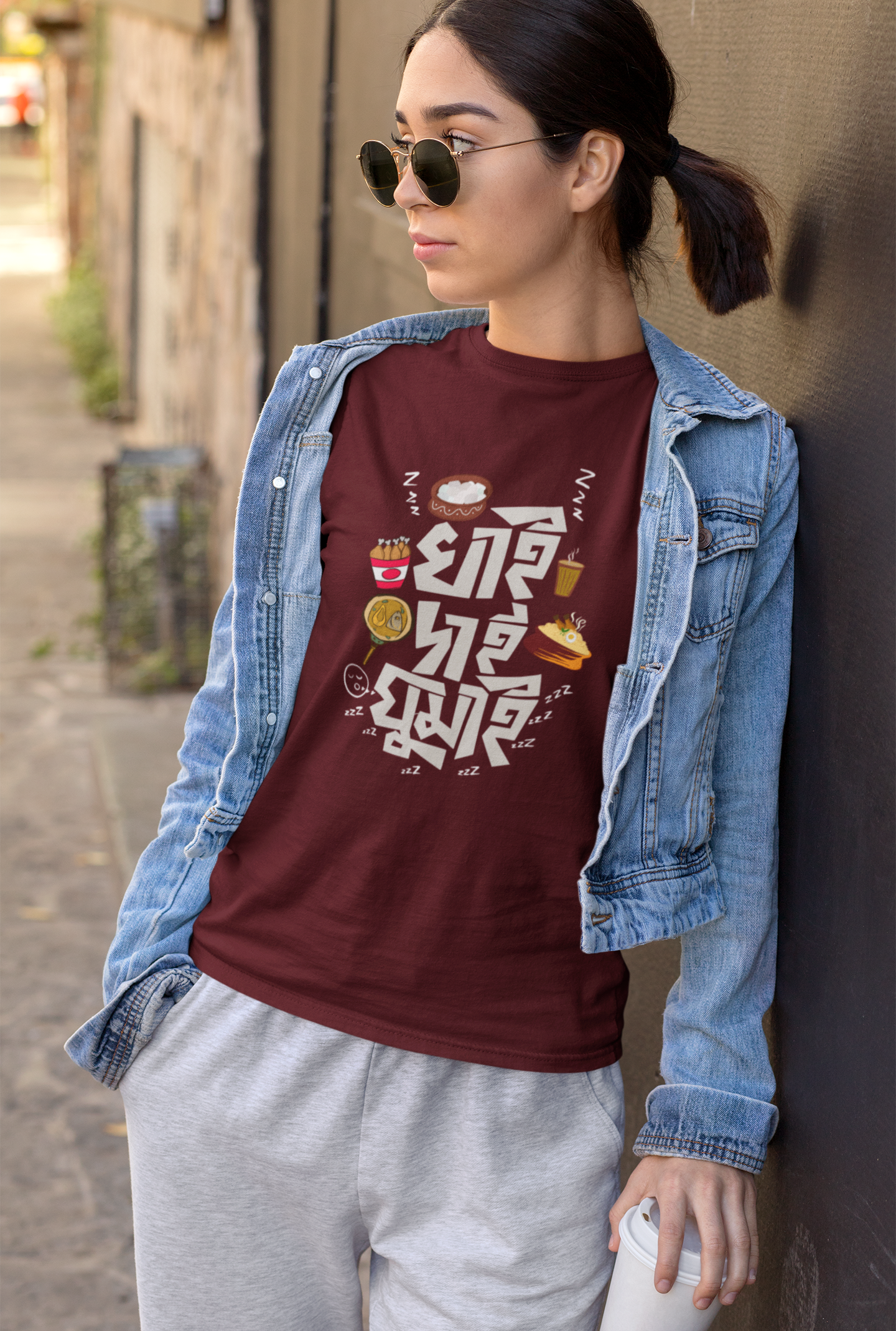 KHAI DAI GHUMAI : BENGALI FEVER -HALF-SLEEVE T-SHIRTS MAROON
