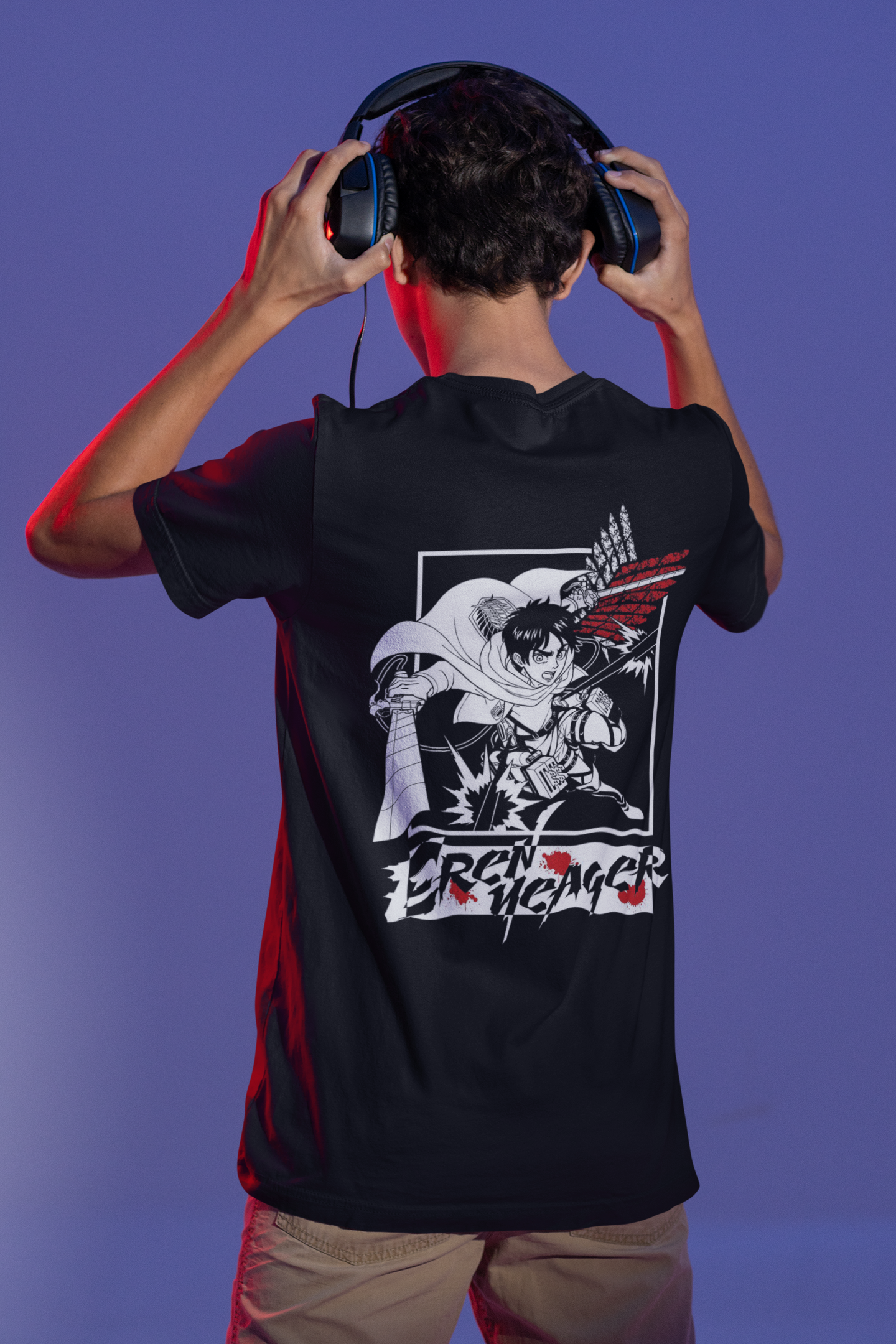 Eren Yeager- Attack of Titan (Double Sided Print) Regular Fit Half Sleeve T-Shirts BLACK