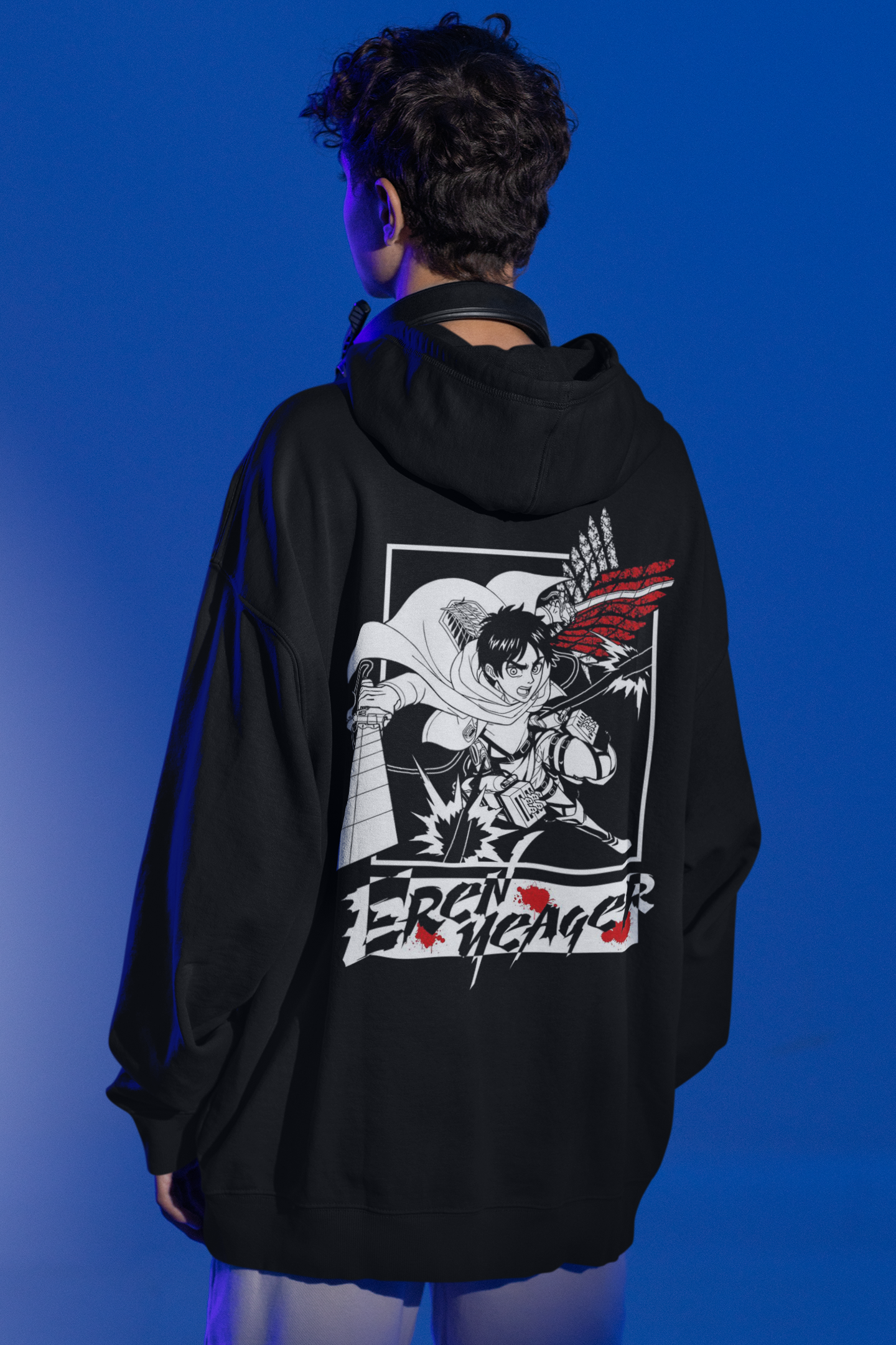 Eren Yeager- Attack of Titan (Double Sided Print): WINTER HOODIES BLACK