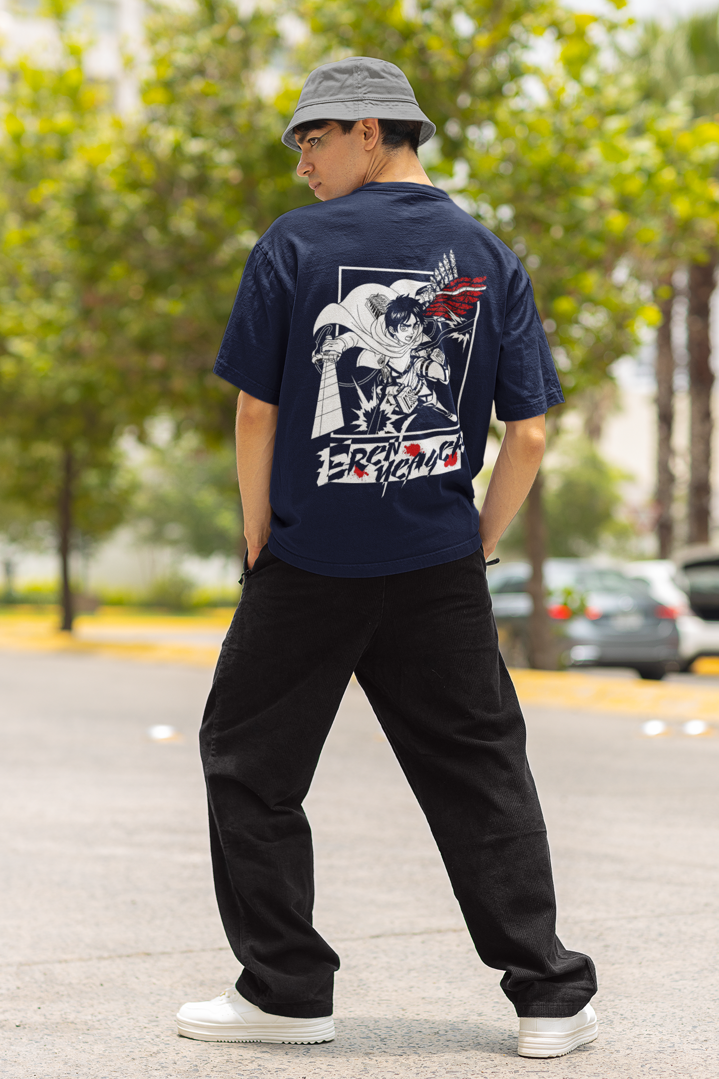Eren Yeager- Attack of Titan (Double Sided Print) Anime Oversized T-Shirts NAVY BLUE Cotton 240 GSM