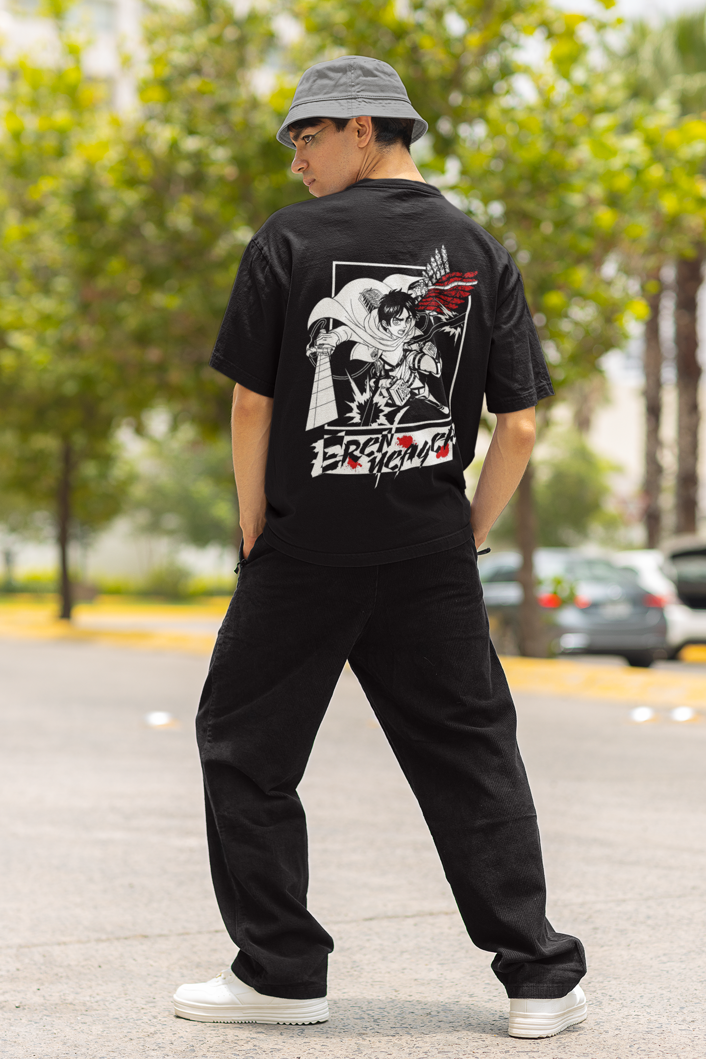 Eren Yeager- Attack of Titan (Double Sided Print) Anime Oversized T-Shirts BLACK Cotton 240 GSM