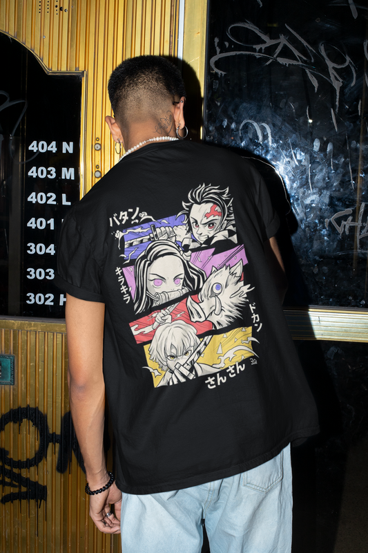 Demon Slayer- Kimetsu no Yaiba- (Double Sided Print): Anime- Regular Fit T-Shirts BLACK