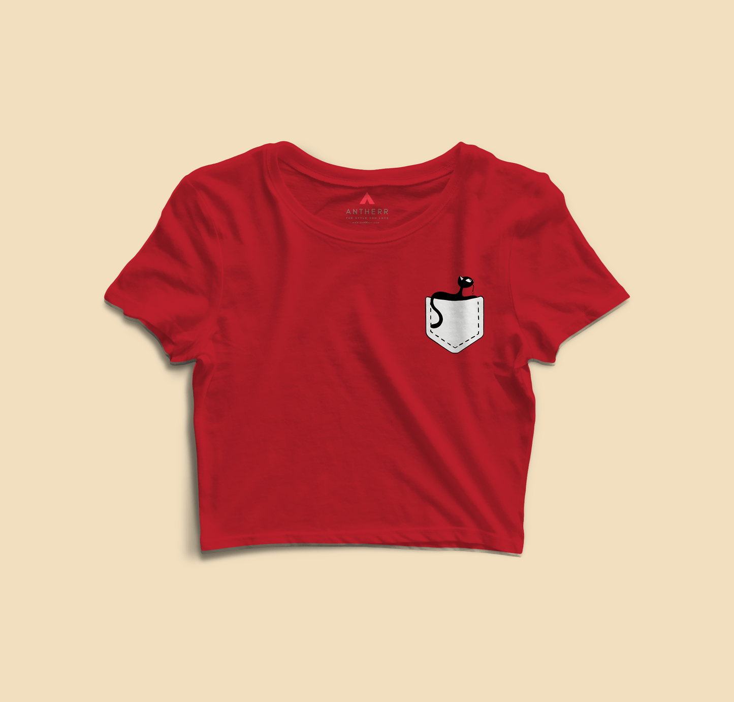" CUTE CAT " - HALF SLEEVE POCKET DESIGN CROP TOPS RED