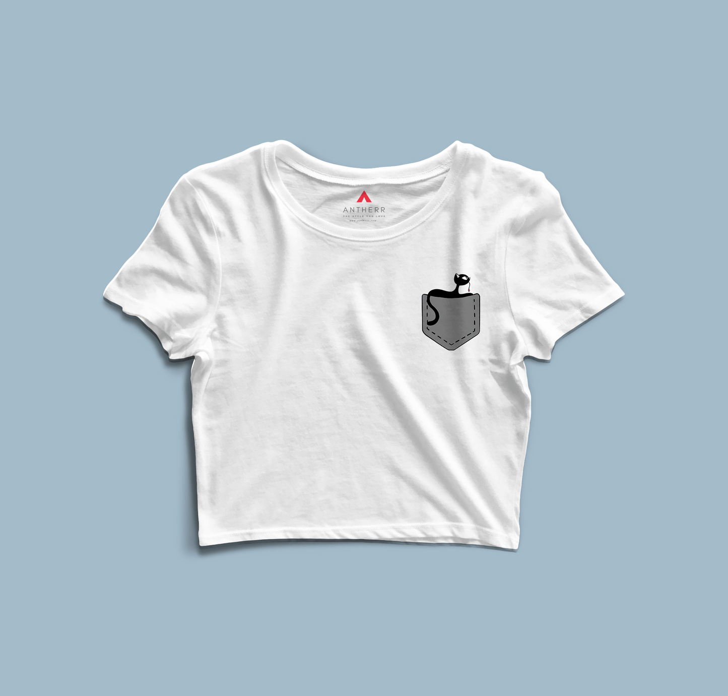 " CUTE CAT " - HALF SLEEVE POCKET DESIGN CROP TOPS WHITE