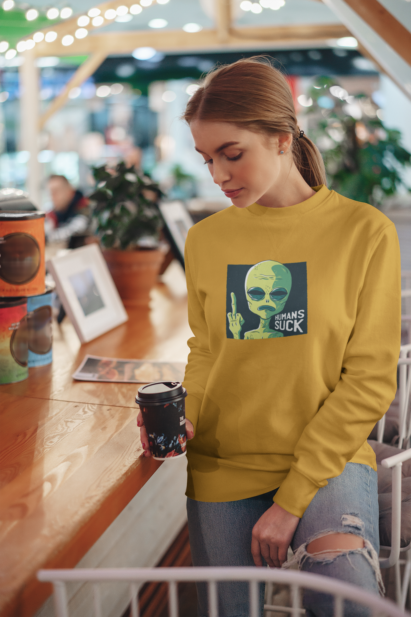 Human Sucks : ALIEN AND SPACE- Winter Sweatshirts MUSTARD YELLOW