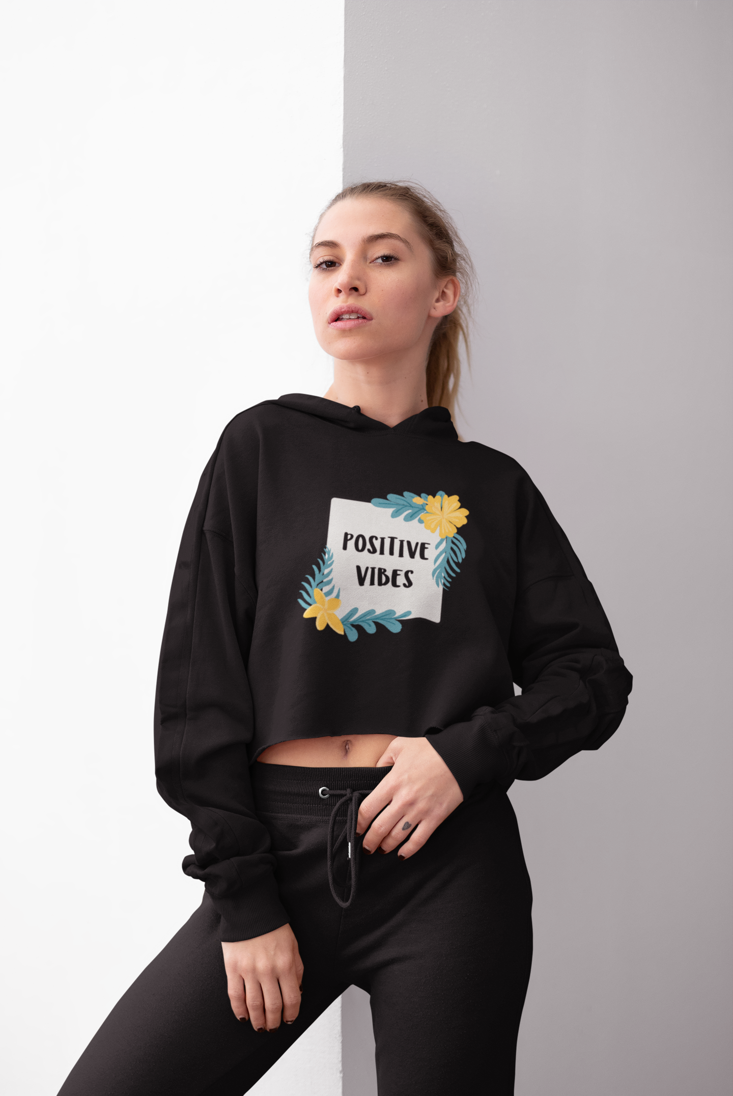 POSITIVE VIBES - Winter Crop Hoodies BLACK