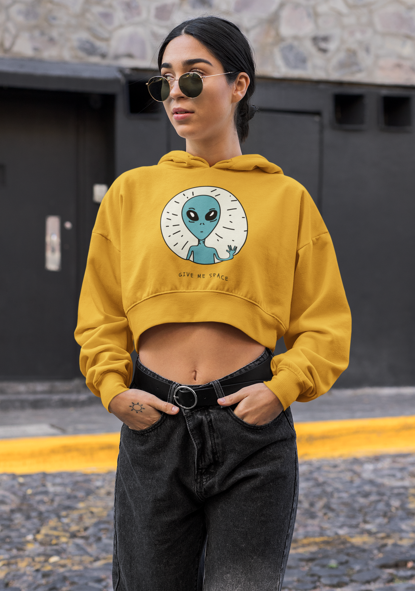 Give Me Space : Alien & Space - Winter Crop Hoodies MUSTARD YELLOW