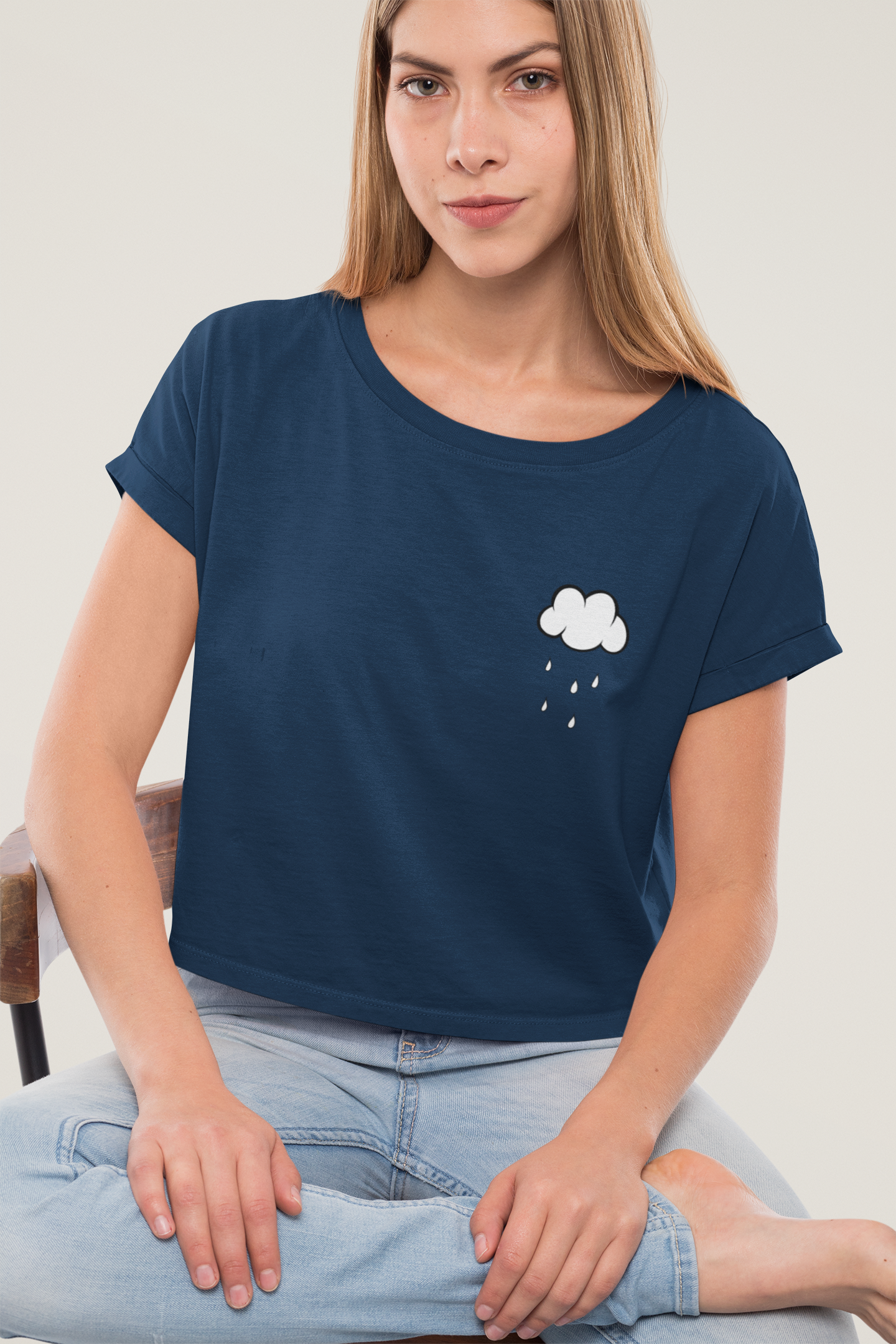 " CLOUDS AND RAINS " Half-sleeve Pocket Design Crop Top's NAVY-BLUE