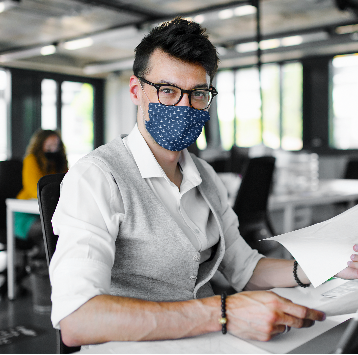 Navy Blue Anchor Pattern : Printed Tetra Shield Protection Mask ( PACK OF 3 ) Male
