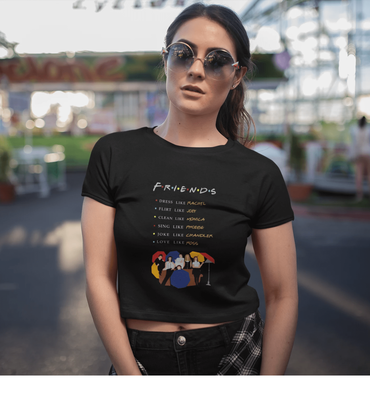 " FRIENDS " - HALF-SLEEVE CROP TOPS BLACK