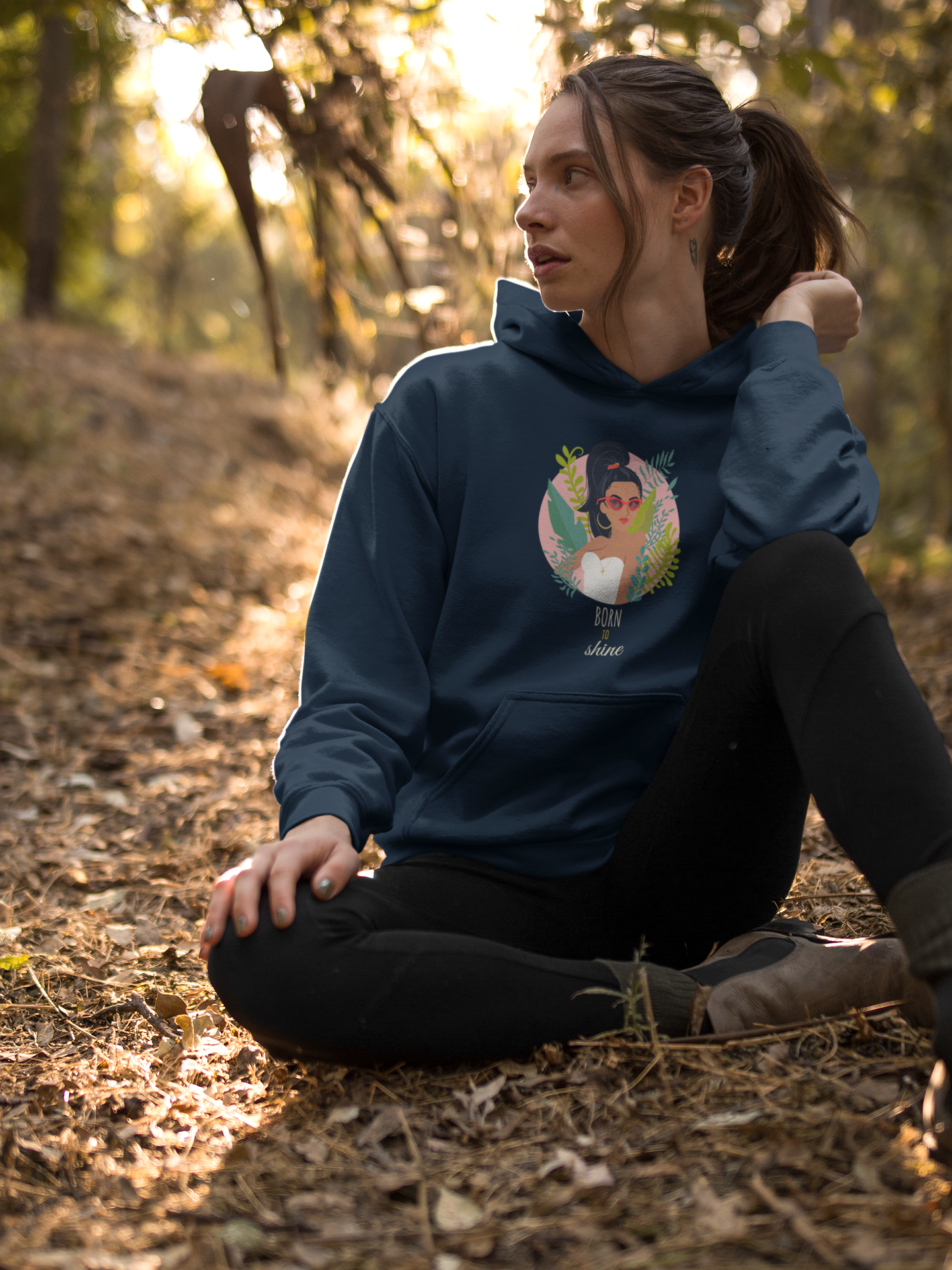 "BORN TO SHINE"- WINTER WOMEN HOODIES NAVY BLUE