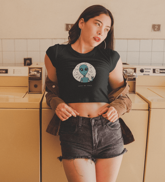 " GIVE ME SPACE " - HALF-SLEEVE CROP TOPS BLACK