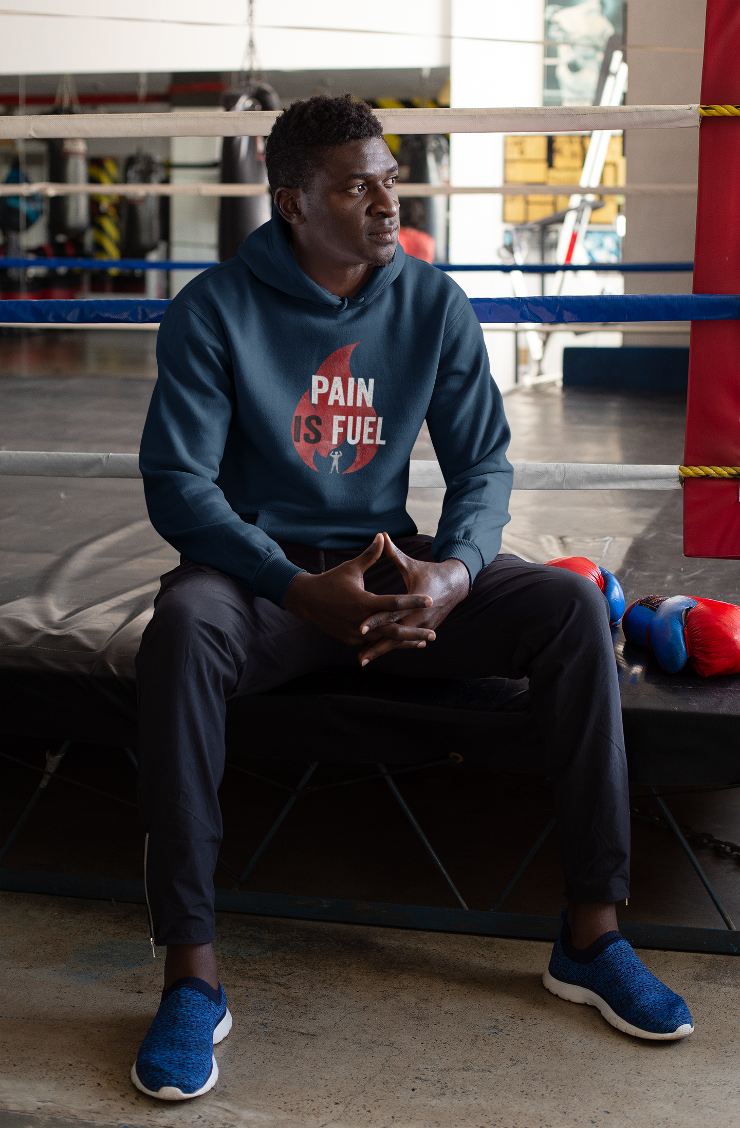 "PAIN IS FUEL" - WINTER HOODIES NAVY BLUE