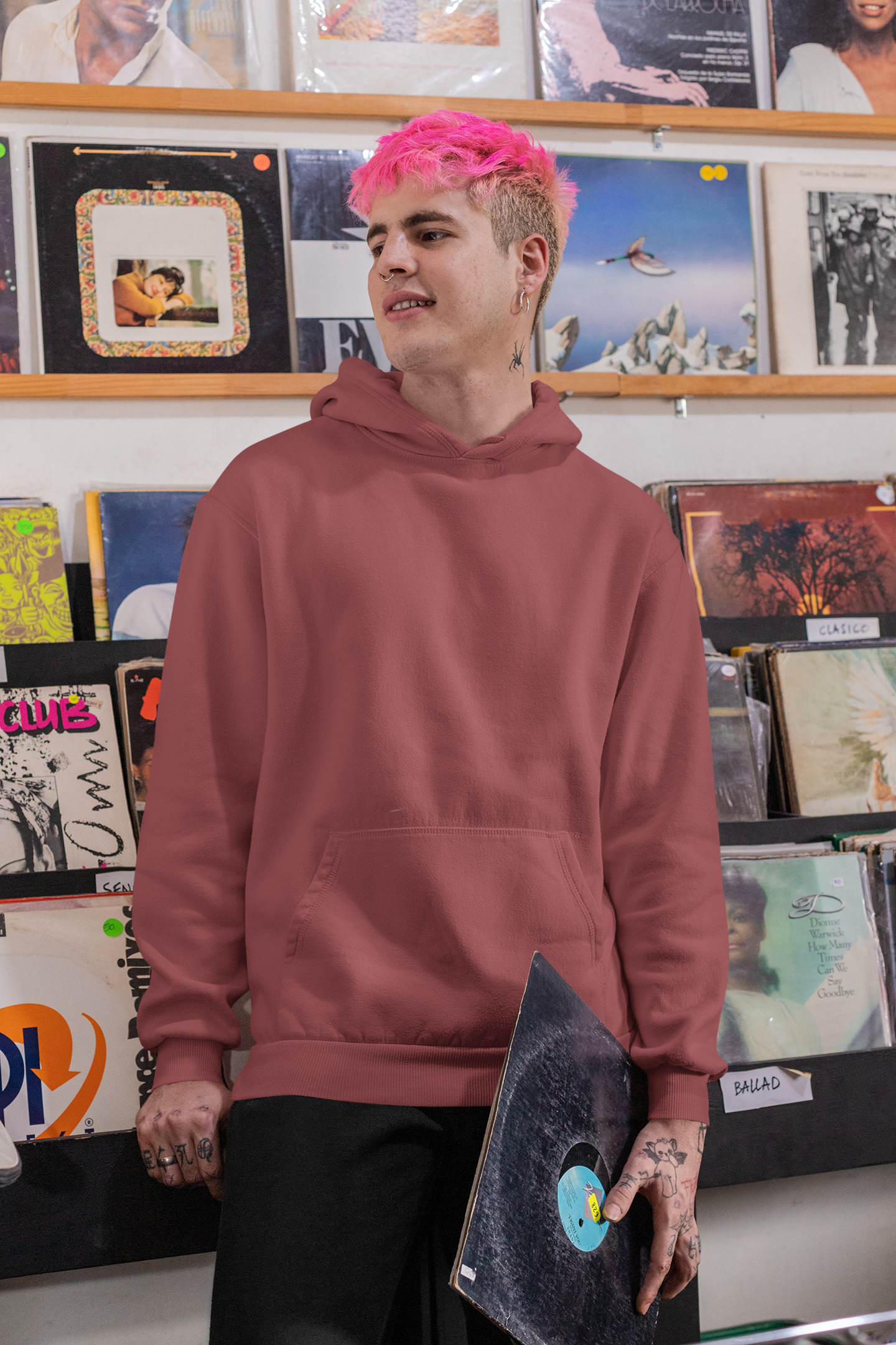 Basic Coral Red Winter Hoodies BLACK