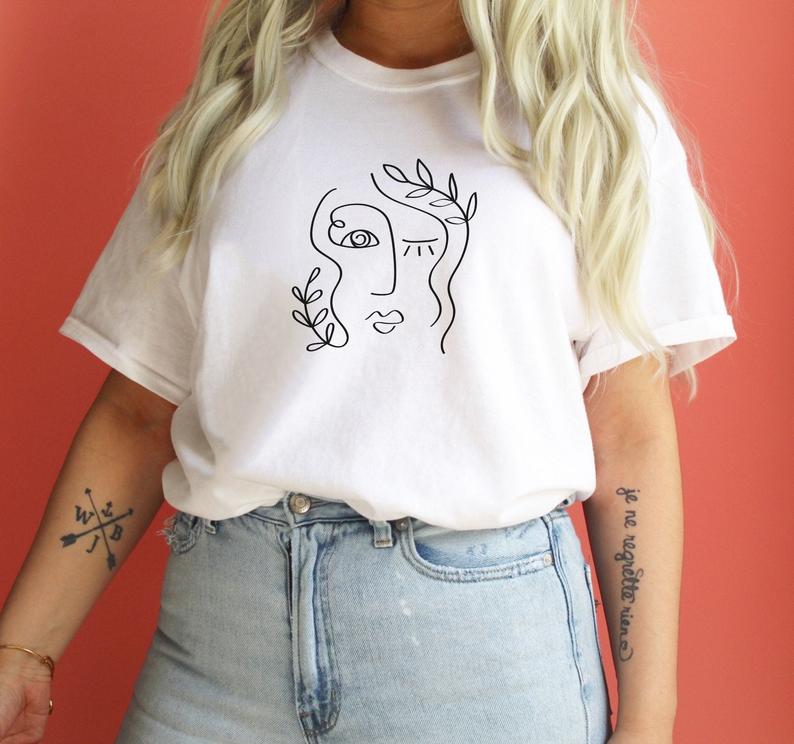 Floral Girl Line Art- MINIMAL : Unisex Half-Sleeve T-Shirt