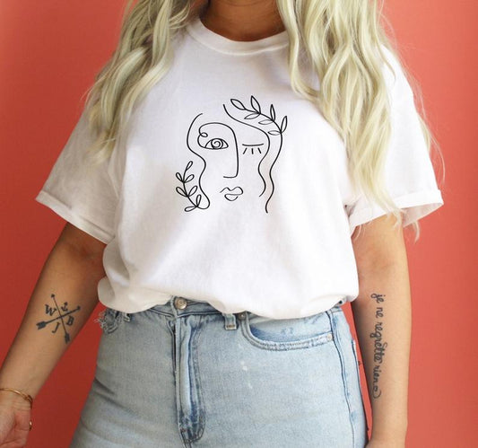 Floral Girl Line Art- MINIMAL : Unisex Half-Sleeve T-Shirt