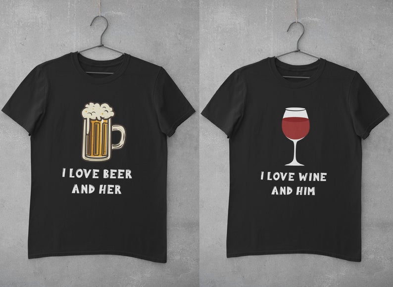 Beer & Wine Love : Half Sleeve Couple T shirts Black