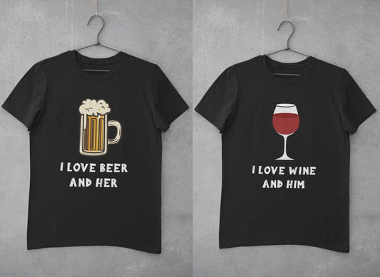 Beer & Wine Love : Half Sleeve Couple T shirts Black