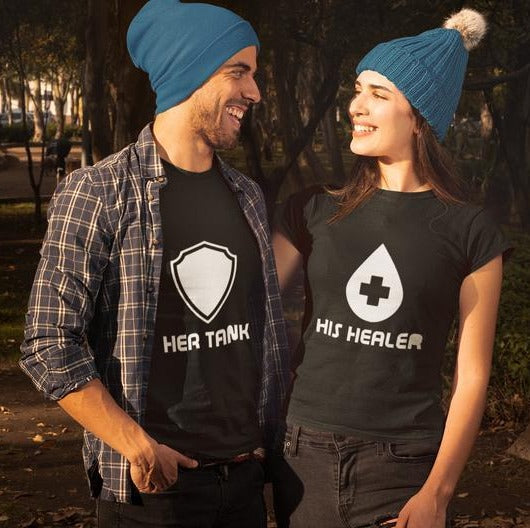 Her Shield, His Healer - Half Sleeve Couple T shirts BOTH BLACK