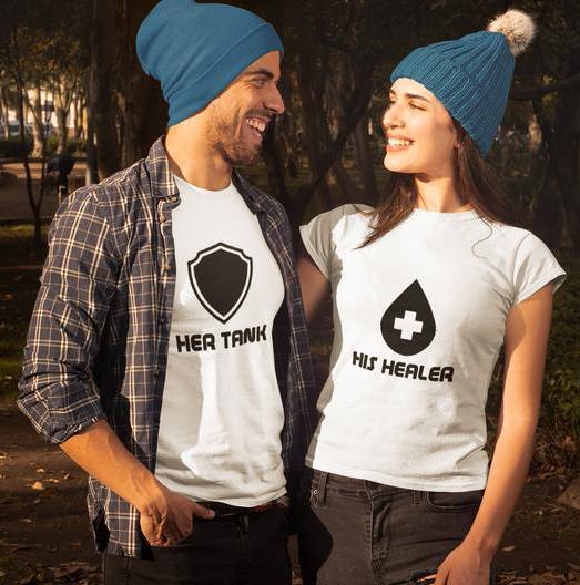 Her Shield, His Healer - Half Sleeve Couple T shirts BOTH WHITE