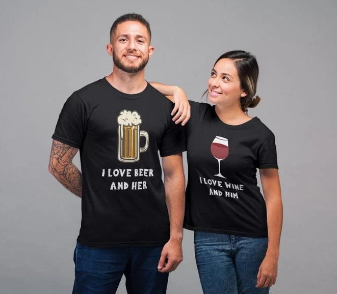 Beer & Wine Love : Half Sleeve Couple T shirts