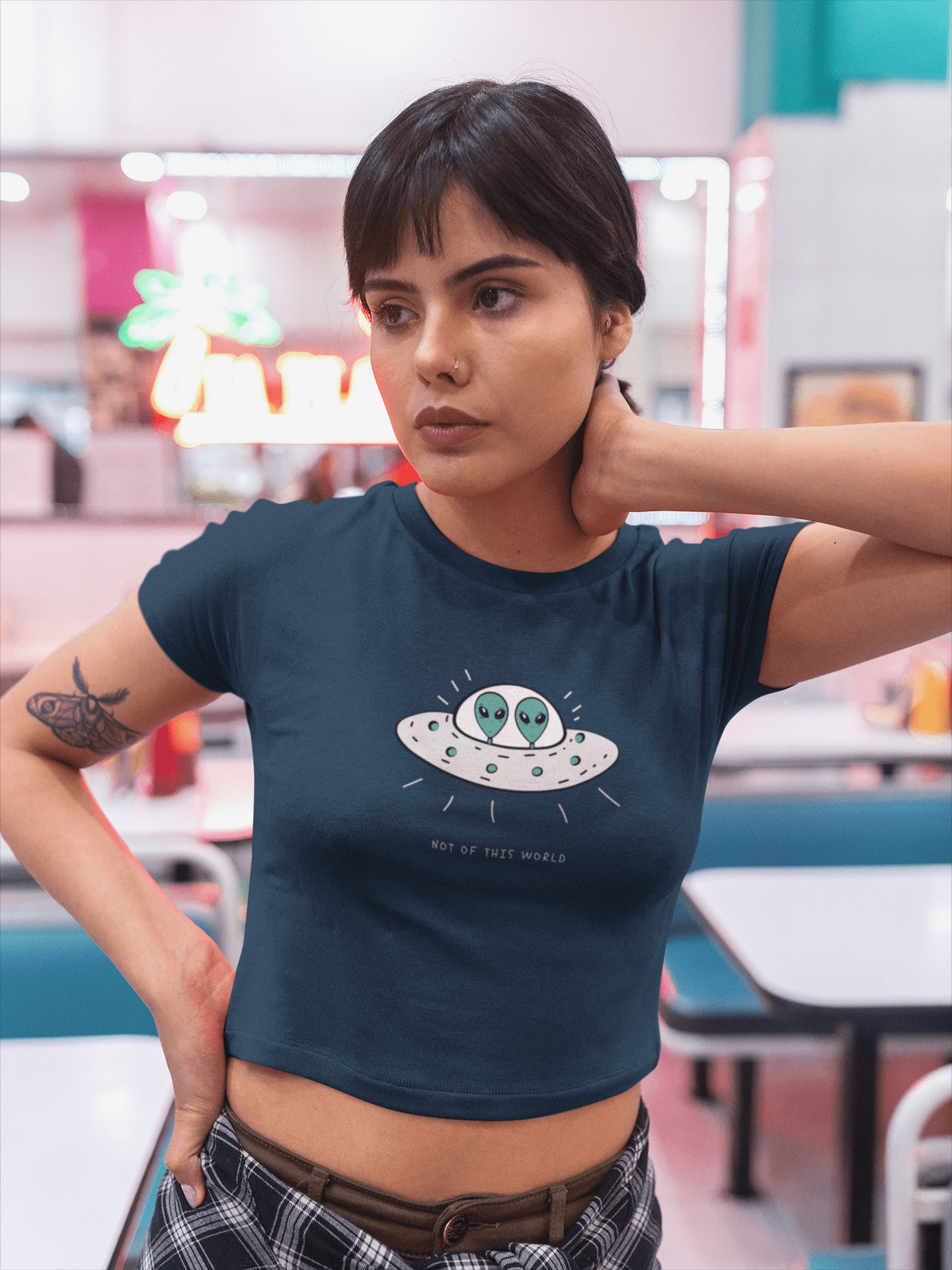 " NOT OF THIS WORLD " - HALF-SLEEVE CROP TOPS NAVY BLUE