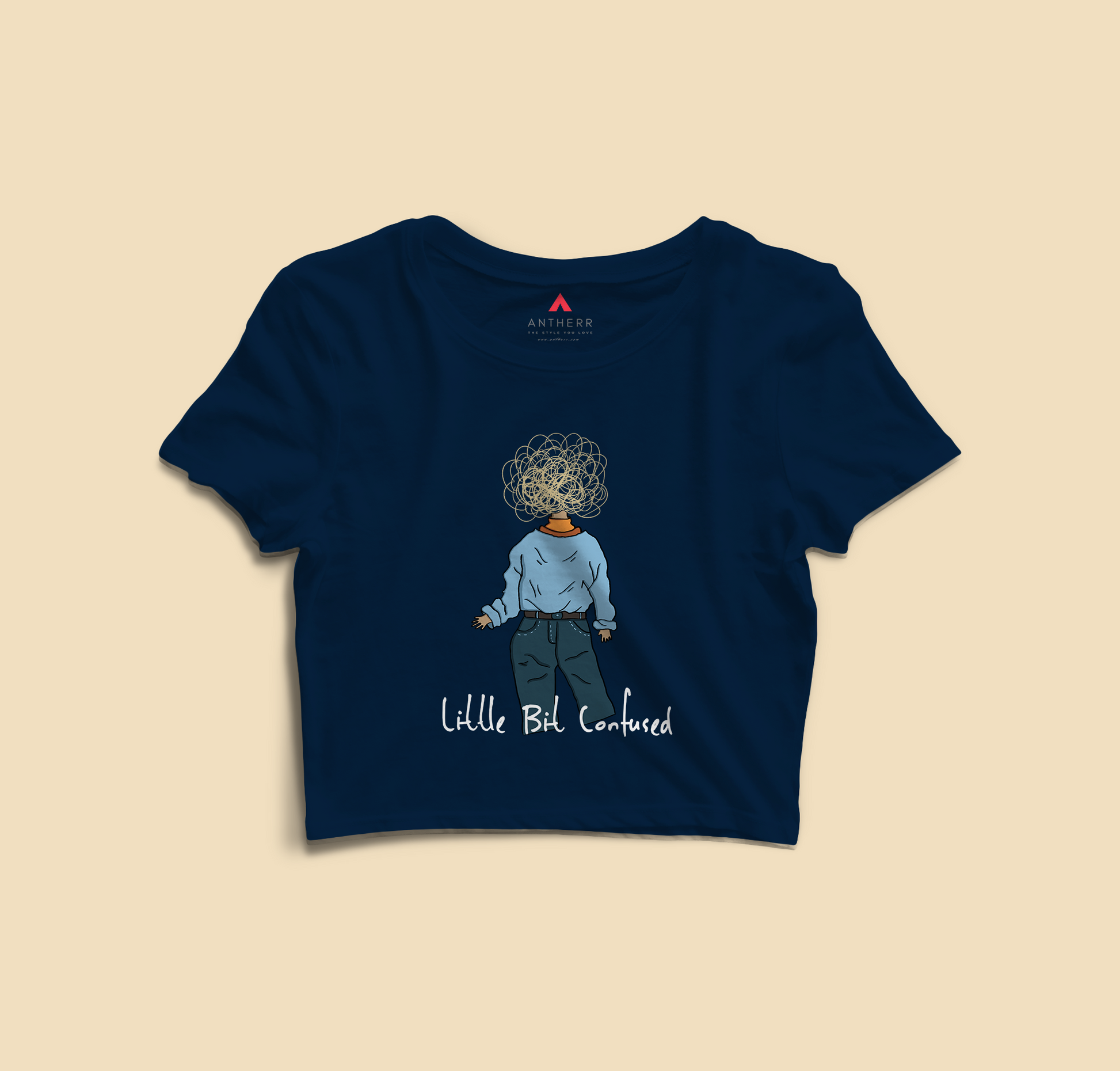 "LI'L BIT CONFUSED "- HALF-SLEEVE CROP TOPS NAVY BLUE