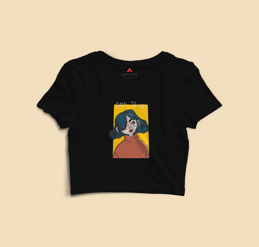 "LITTLE THINGS" - HALF-SLEEVE CROP TOPS BLACK