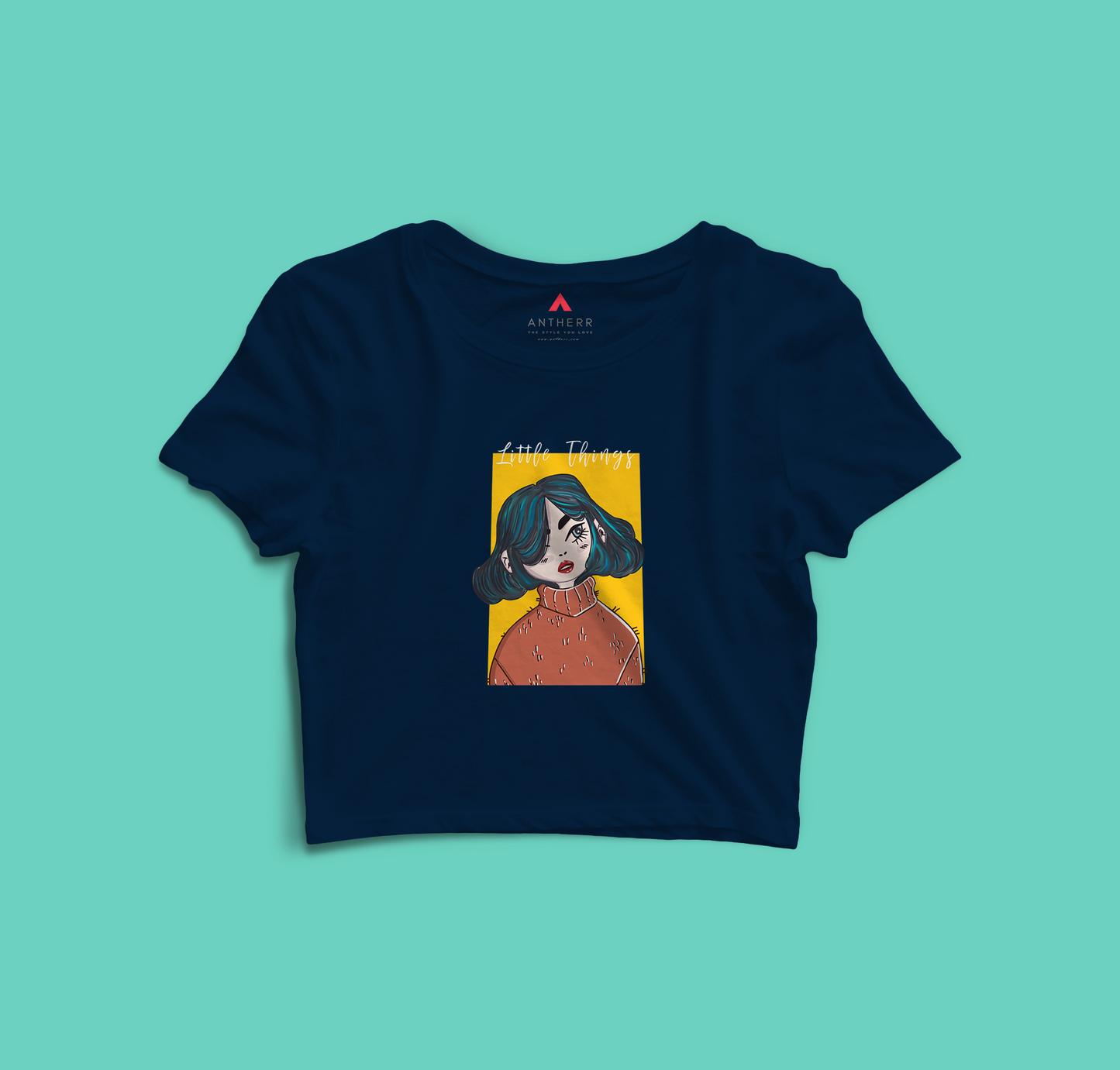 "LITTLE THINGS" - HALF-SLEEVE CROP TOPS NAVY BLUE