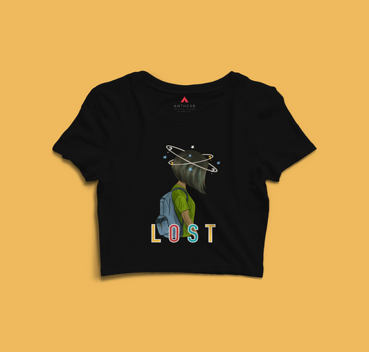 "LOST " -HALF-SLEEVE CROP TOPS BLACK