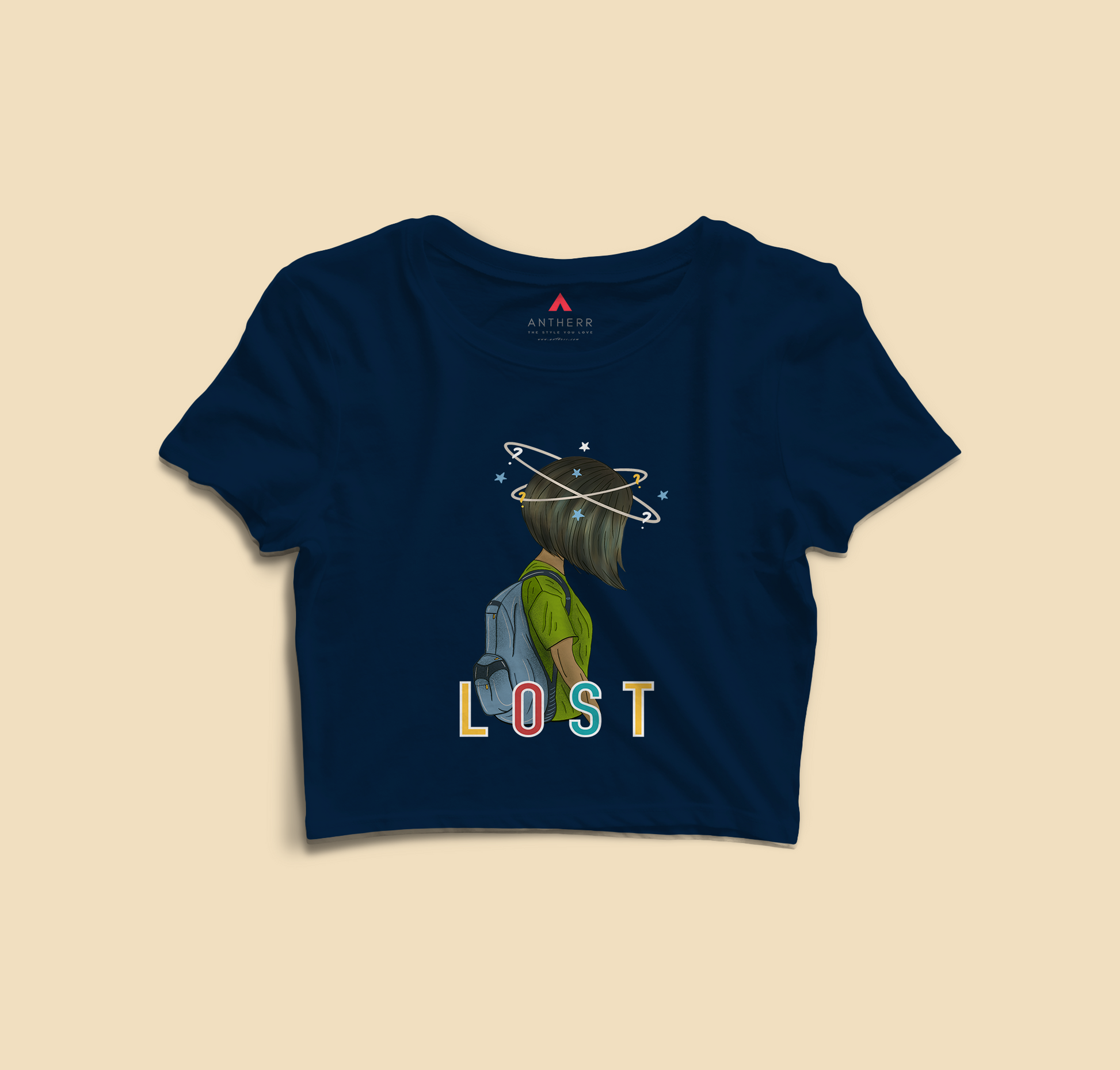 "LOST " -HALF-SLEEVE CROP TOPS NAVY BLUE
