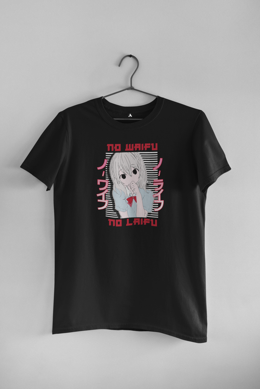 No Waifu: Anime- Regular Fit T-Shirts BLACK