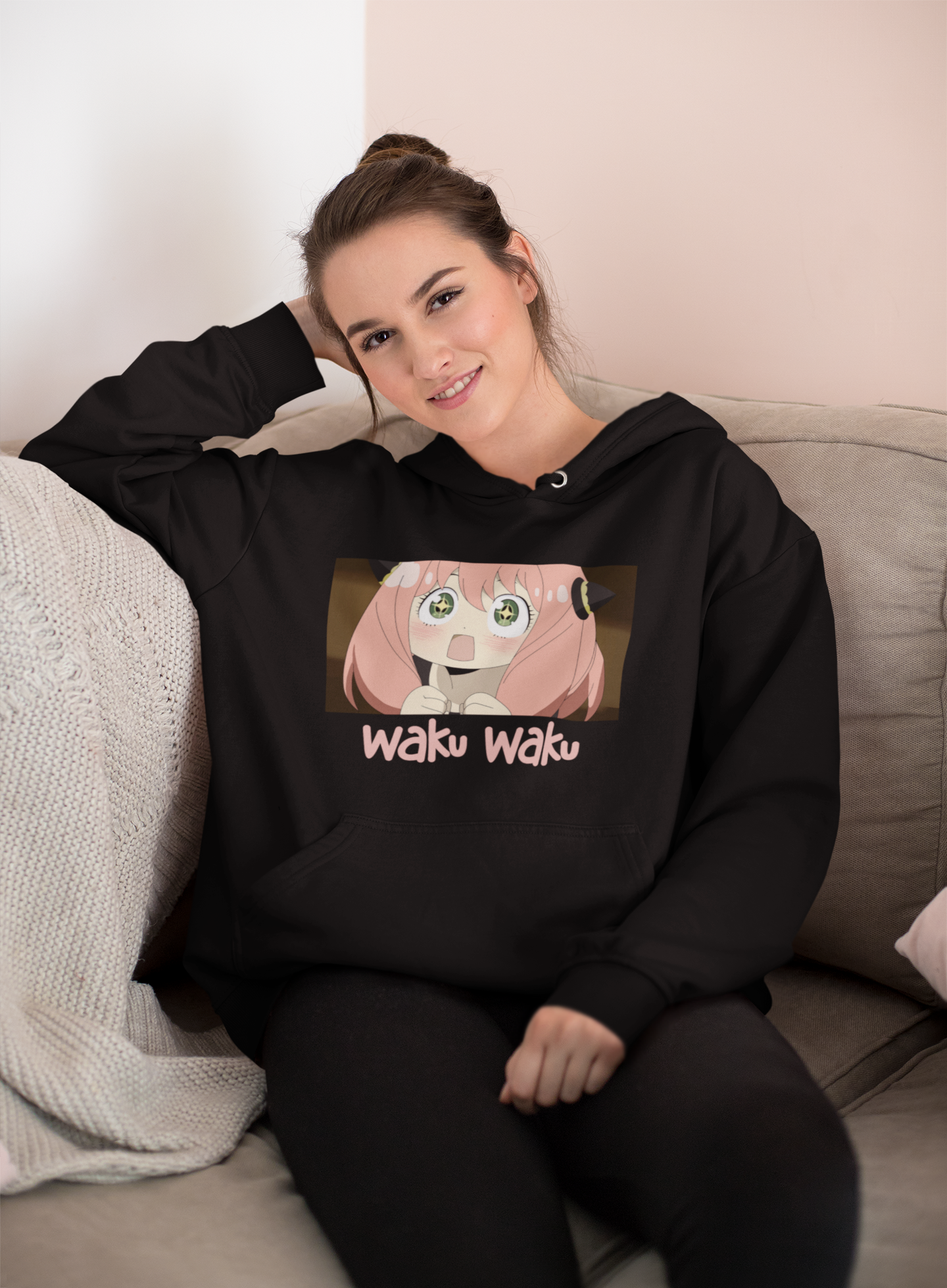 Anya- Waku Waku: Anime - Winter Hoodies BLACK